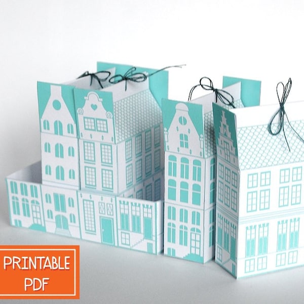 Afdrukbare doe-het-zelf-geschenkdoos | Nederlands Grachtenhuis | Digitale PDF-verpakking, Housewarming, Amsterdam