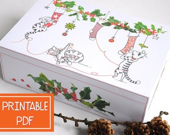 Printable Large Christmas Gift Box- Clumsy CAT - Digital Gift Wrap, Printable