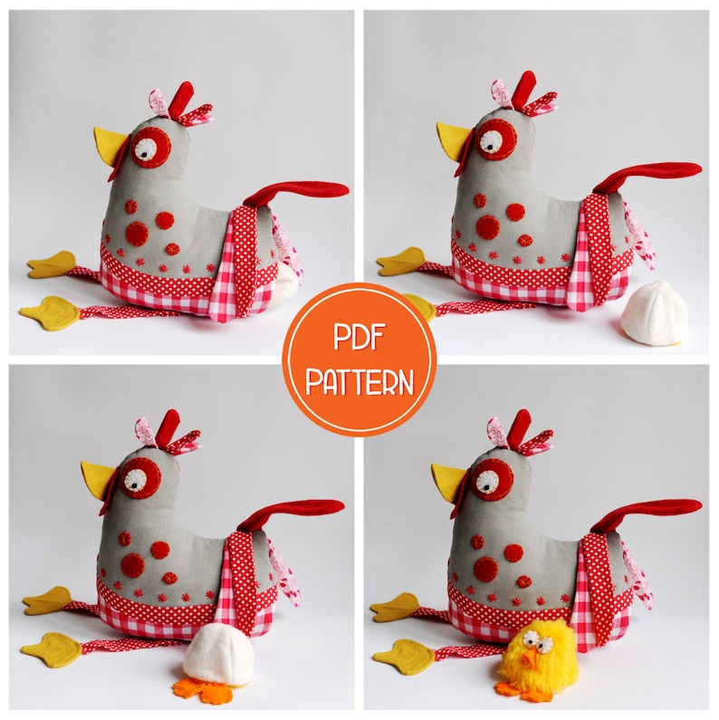 May include: Four gray fabric chickens with red and white checkered accents. Each chicken has a yellow beak and feet. The chickens are laying eggs, one of which is a yellow chick.