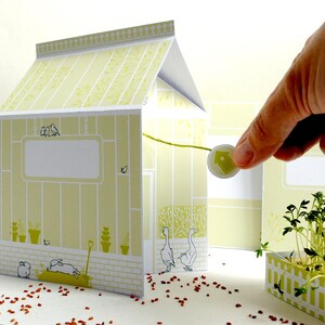 May include: A papercraft model of a greenhouse with a green roof, white walls, and a yellow interior. The greenhouse has a small door, a window, and a birdhouse. There are two birds on the roof of the greenhouse. The greenhouse is sitting on a white surface with red sprinkles.