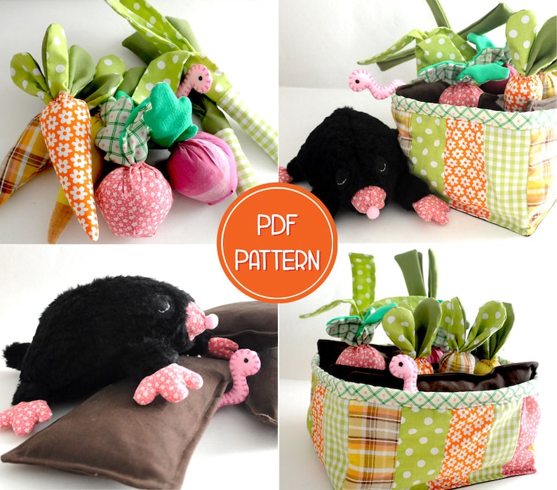 May include: A collection of handmade fabric vegetables, including carrots, radishes, and lettuce, alongside a plush mole toy. The vegetables are crafted from patterned fabrics in orange, green, and pink. The mole has black fur and pink paws.