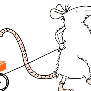 May include: A white mouse with a long, pink tail pulls a small orange wagon with a black wheel.