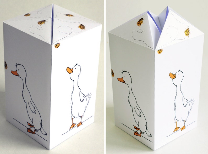 May include: A white paper box with a goose design and a blue butterfly on the front. The box is folded flat and has a flap that can be lifted to reveal the inside. The box is decorated with small orange butterflies.