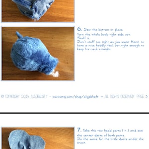 May include: A step-by-step guide on how to sew a blue fabric toy. The image shows the tail of the toy being sewn to the body, the body being stuffed, and the head pieces being sewn together. The text in the image reads: "Tail", "Position the tail with the seam opposite to a dartseam of the body. It should point inwards. Pin the bottom (3) to the body, make sure it's centered.", "Sew the bottom in place. Turn the whole body right side out. Stuff it. Don't stuff too tight as you want Henri to have a nice cuddly feel, but right enough to keep his neck straight.", "Take the two head parts (4) and sew the center darts of both parts. Do the same for the little darts under the snout.", "&copy; COPYRIGHT 2014 ALSJEBLIEFT - www.etsy.com/shop/alsjeblieft - ALL RIGHTS RESERVED PAGE 3"