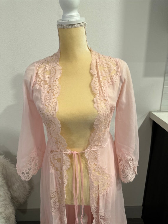 Vtg 70's RUFFLED Lace Peignoir  Chiffon Pink Sheer