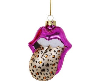 Pink Hot Lips Tongue Out rock band INSPIRED Glass Ornament Collectible musician leopard