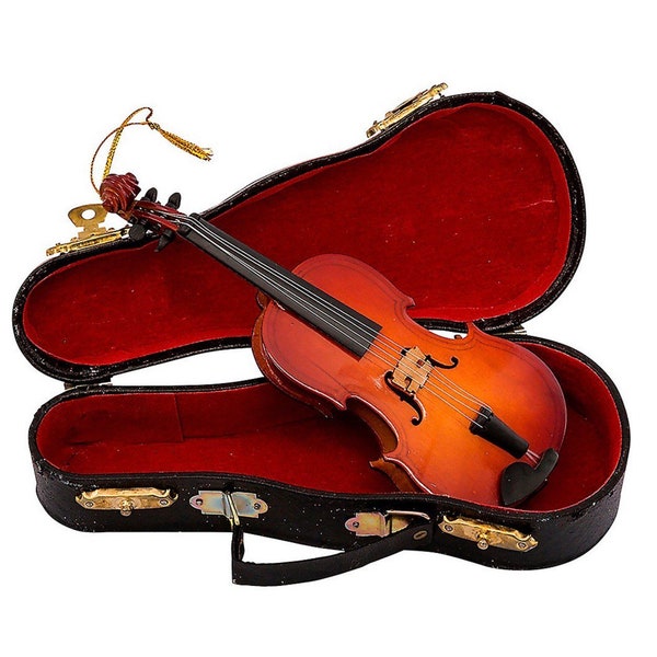 Wooden Violin with bow Case Ornament personalization Christmas Holiday Collectible musician gift idea