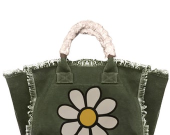 Daisy Fringe Olive Canvas Bag
