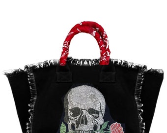 Skull & Rose Fringe Canvas Bag