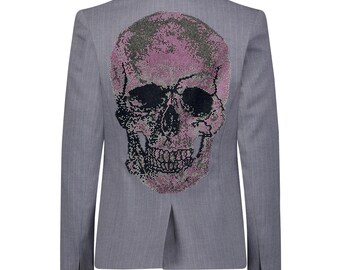 Pink Skull Pinstripe Blazer - Grey