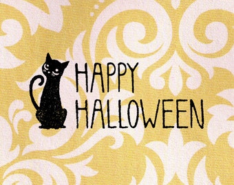 Happy Halloween Stempel, schwarze Katze Stempel: Holz montiert Stempel