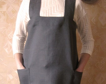 Pinafore linen apron. Japanese cross back apron. No ties linen aprons for women. Linen apron.
