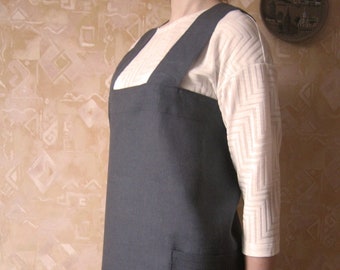 Japanese cross back apron. Square Cross Linen Apron. No ties linen apron for women. Linen Pinafore apron.