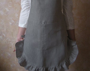 Schattig linnen schort met ruche van verzacht stonewashed linnen. Linnen schort voor dames met zakken in 16 kleuren. Beste cadeau-UITVERKOOP