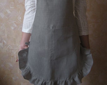 Cute linen apron with ruffle from softened stonewashed linen. Linen pinafore for women with pockets in 16 colors. Best Gift SALE