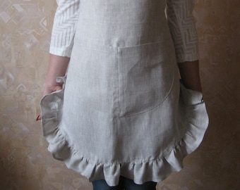 Cute linen apron with ruffles. Linen pinafore for women with pockets in 7 colors.