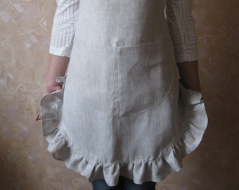 Cute linen apron with ruffles. Linen pinafore for women with pockets