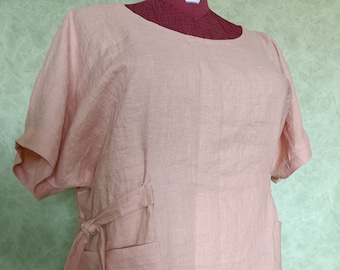 Loose Linen Tunic with Pockets and Ties, Stonewashed Linen Women Tunic, Long Linen Blouse, Large Sizes, Plus Size