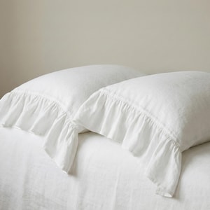 Linen Pillow case with ruffles on one side. Ruffled Pillow Sham White Oatmeal Beige. Standard Queen King Euro Slip Cover