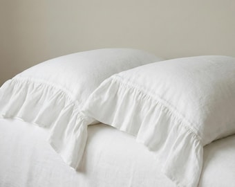 Linen Pillow case with ruffles on one side. Ruffled Pillow Sham White Oatmeal Beige. Standard Queen King Euro Slip Cover