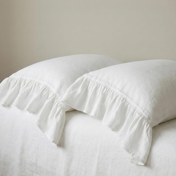 Leinen Kissenbezug mit Rüschen auf einer Seite. Rüschenkissen Sham Weiß Haferflocken Beige. Standard Queen King Euro Belegabdeckung