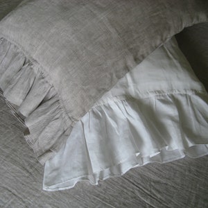 Linen Pillow case with ruffles on one side. Ruffled Pillow Sham White Oatmeal Beige. Standard Queen King Euro Case Slip Cover SALE