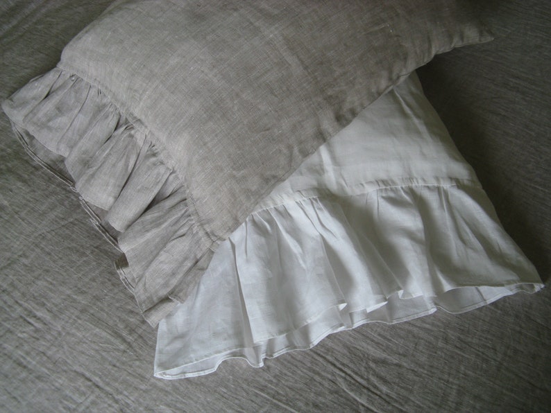 Linen Pillow case with ruffles on one side. Ruffled Pillow Sham White Oatmeal Beige. Standard Queen King Euro Case Slip Cover SALE image 2
