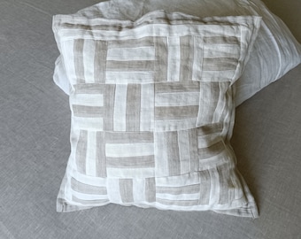 Linen Patchwork Sham, Pillow Decorative Case, Home Decor Pillow Cover White Oatmeal
