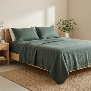 Forest Green Linen Sheet Set, Stonewashed European Flax, Deep Pocket image 2