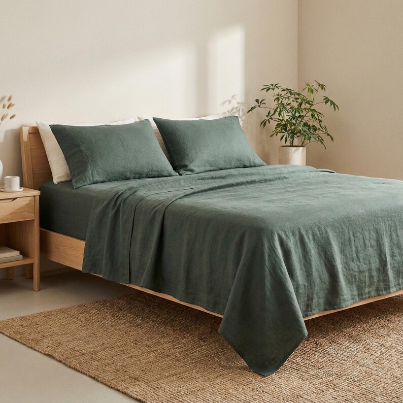 Forest Green Linen Sheet Set, Stonewashed European Flax, Deep Pocket image 2