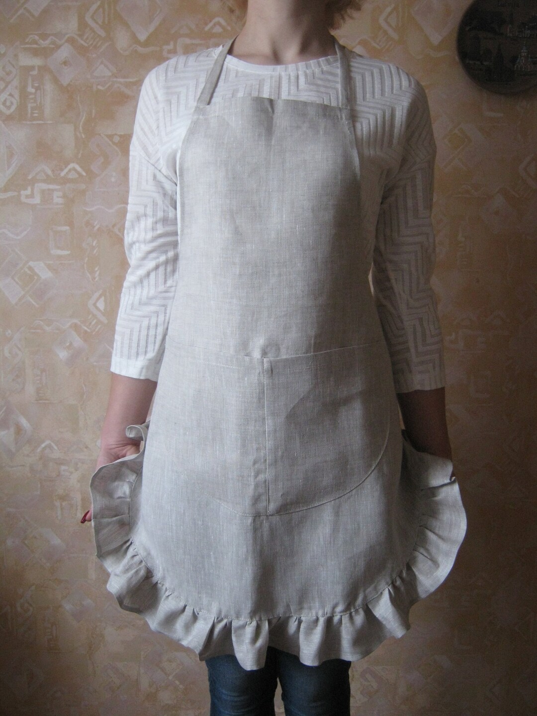 Cute Linen Apron With Ruffles. Linen Pinafore for Women With Pockets in ...