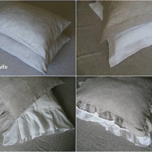 Four linen pillowcase styles, labeled: Housewife, Oxford, Ruffled and Frilled