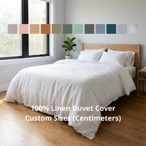 May include: A white linen duvet cover on a bed with two matching pillows, featuring a color palette of twelve fabric swatches above the bed including pink, tan, orange, green, blue, gray, and white. Text reads 100% Linen Duvet Cover Custom Sizes.