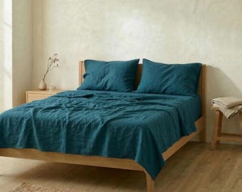 Dark Teal Linen Sheet Set • Soft Stonewashed Linen • Deep Ocean Blue Fitted, Flat Sheets & Pillowcases • Eco-Friendly Luxury Sleep
