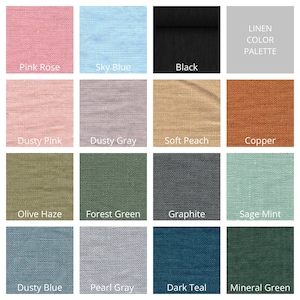 Puede incluir: Una cuadr&iacute;cula de diecis&eacute;is muestras de tela que muestran una paleta de colores de lino. Los colores incluyen Pink Rose, Sky Blue, Black, Dusty Pink, Dusty Gray, Soft Peach, Copper, Olive Haze, Forest Green, Graphite, Sage Mint, Dusty Blue, Pearl Gray, Dark Teal y Mineral Green.