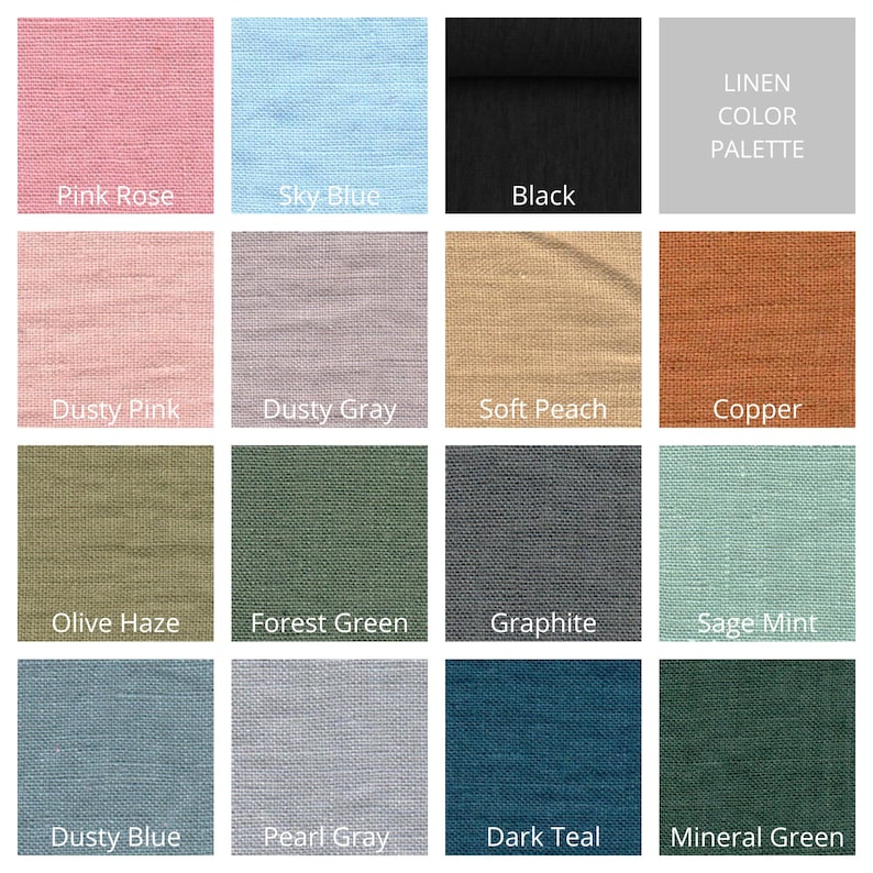 Puede incluir: Una cuadr&iacute;cula de diecis&eacute;is muestras de tela que muestran una paleta de colores de lino. Los colores incluyen Pink Rose, Sky Blue, Black, Dusty Pink, Dusty Gray, Soft Peach, Copper, Olive Haze, Forest Green, Graphite, Sage Mint, Dusty Blue, Pearl Gray, Dark Teal y Mineral Green.