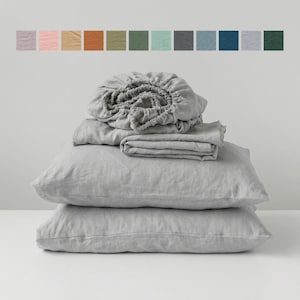 Organic Linen Sheet Set: Stonewashed Softened Flax Bedding in Pearl Grey Silver Light Gray