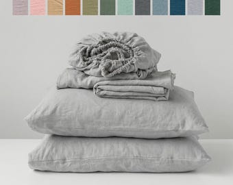 Organic Linen Sheet Set: Stonewashed Softened Flax Bedding in Pearl Grey Silver Light Gray