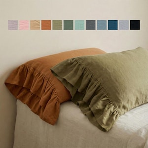 Linen Stone Washed Pillow Case with Ruffles on one side Soft Queen Pillowcase King sham Square cover Lumbar Body