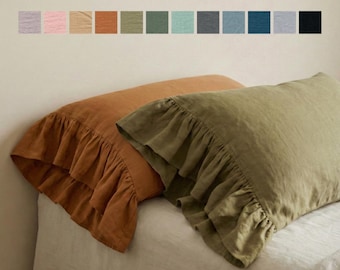 Linen Stone Washed Pillow Case with Ruffles on one side Soft Queen Pillowcase King sham Square cover Lumbar Body