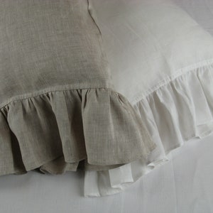 Linen Pillow case with ruffles on one side. Ruffled Pillow Sham White Oatmeal Beige. Standard Queen King Euro Case Slip Cover SALE image 1