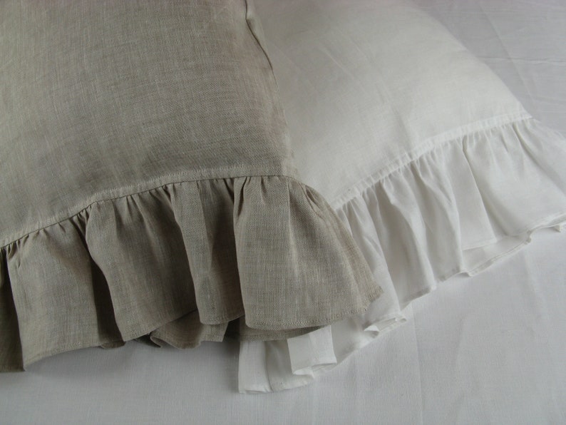 Linen Pillow case with ruffles on one side. Ruffled Pillow Sham White Oatmeal Beige. Standard Queen King Euro Case Slip Cover SALE image 1