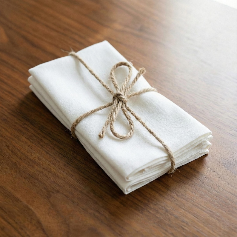 Stack of white linen napkins tied with twine on a wooden table