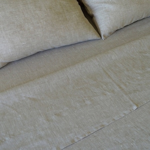 California King Linen Sheet Set Oatmeal Light Gray Natural Pure 100% Flax European Bedding Deep Pocket 10&quot; - 22&quot; Meduim Weight Cal King Bed