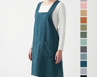 Japanese linen cross back apron. No ties linen apron for women. Linen Pinafore apron.