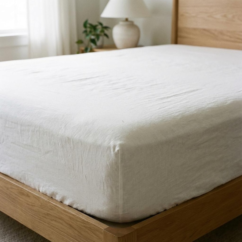 Linen Fitted Sheet Single Double Queen King Super King Natural Pure 100% Flax Bedding Deep Pocket - UK Australia NZ Sizes image 1