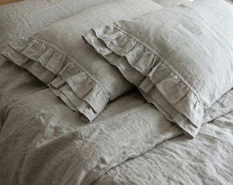 100% Linen Pillow Sham with ruffles White or Oatmeal Beige Ruffled pillowcase Standard Queen King Euro Pillow Case Slip Cover