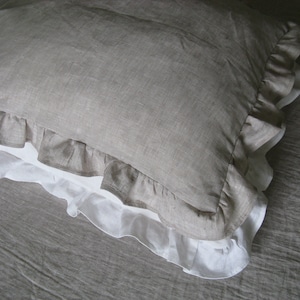 Linen Ruffle Pillow Cover Pillowcase Standard Queen King Euro Linen Bedding image 1