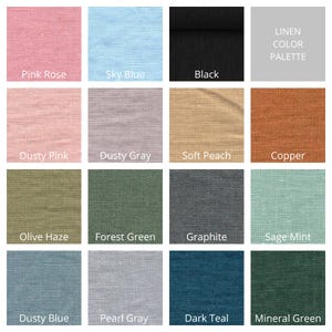May include: A grid of sixteen fabric swatches displaying a linen color palette. The colors include Pink Rose, Sky Blue, Black, Dusty Pink, Dusty Gray, Soft Peach, Copper, Olive Haze, Forest Green, Graphite, Sage Mint, Dusty Blue, Pearl Gray, Dark Teal, and Mineral Green.