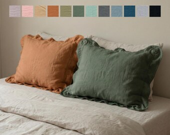 Linen Stone Washed Pillow Case with Ruffles Soft Queen Pillowcase King sham Square cover Lumbar